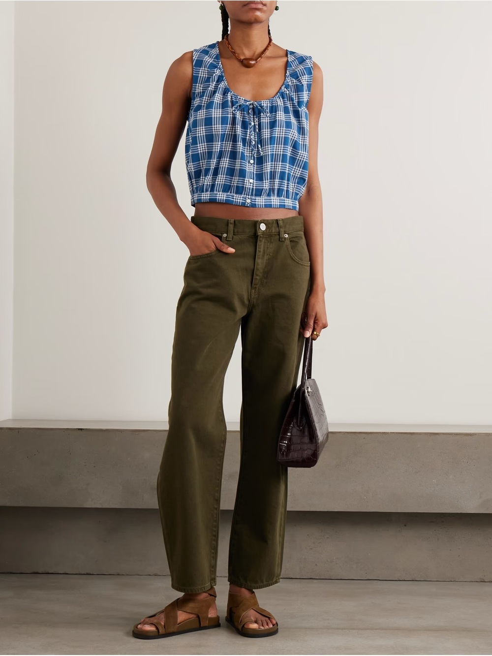 NWT Doen Theo Cropped Checked Organic Cotton Top
